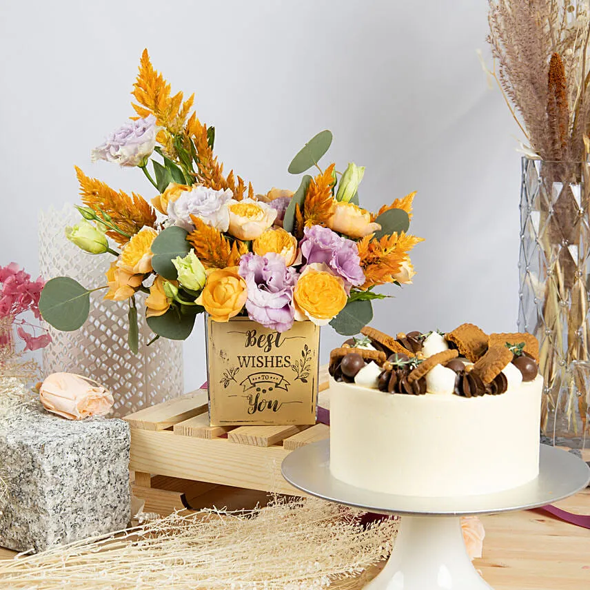 Best Wishes Flowers Arrangement with Cake