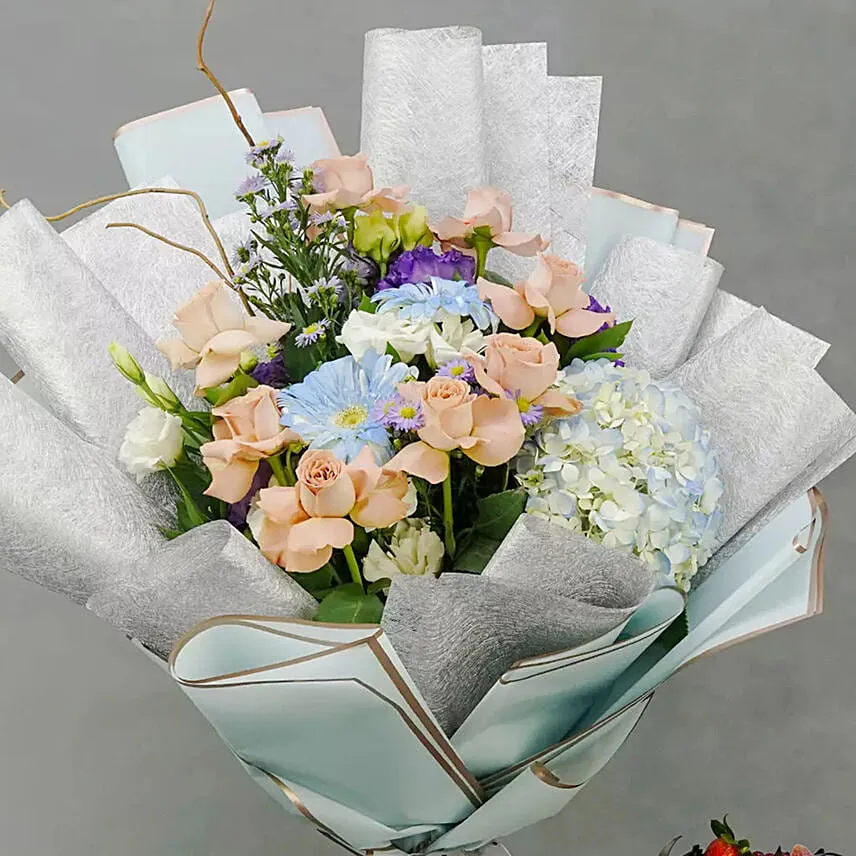 Behind Blue Eyes Bouquet and Cake