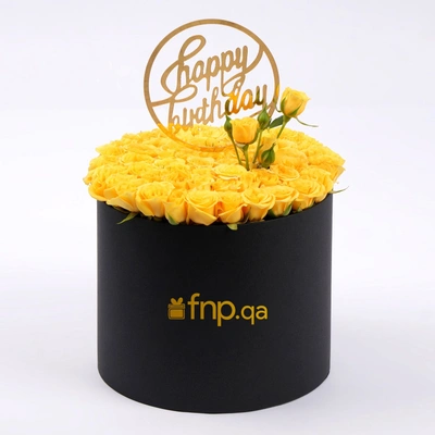 Elegant Birthday Wishes with Yellow Roses in a Black Box