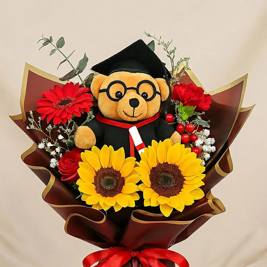 Graduation Bouquet with Teddy and Blooms