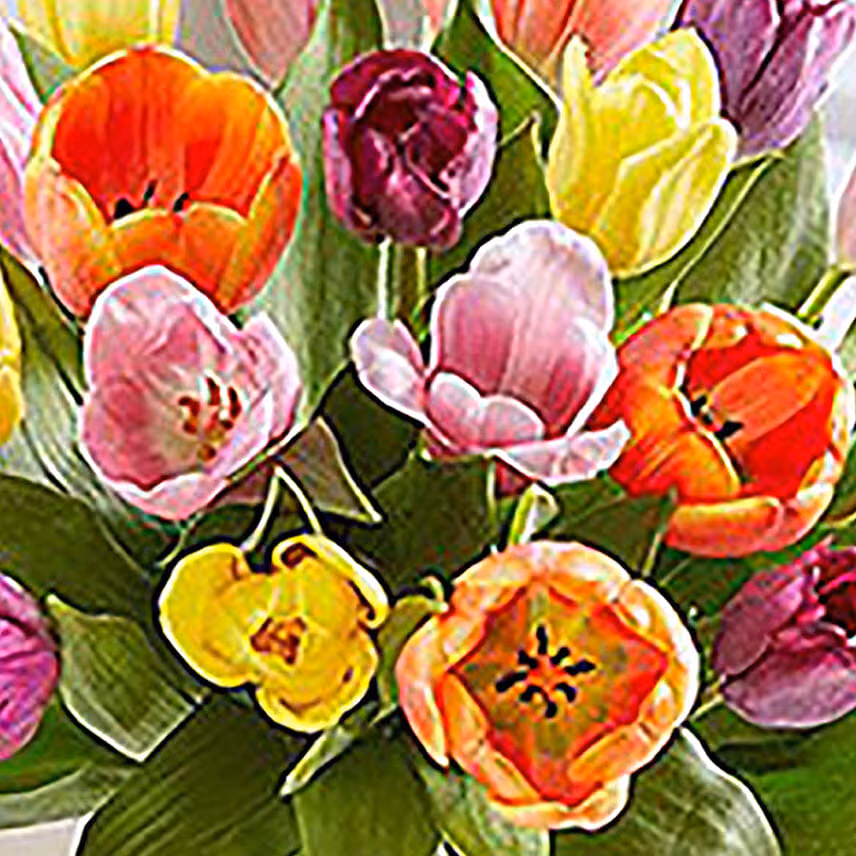 20 Multicolored Tulips In Glass Vase