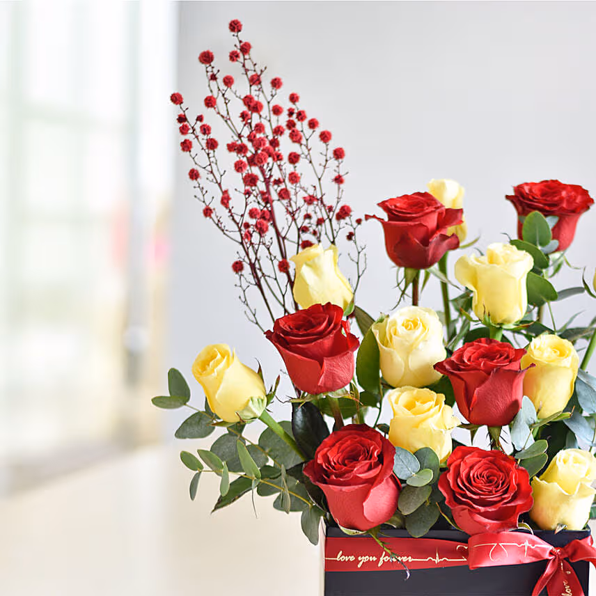 Mixed Red & Yellow Roses Flower Box