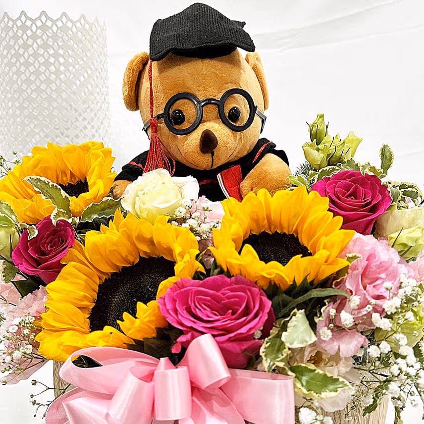 Graduation Flowers & Teddy Basket Arrangement