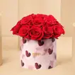 Romantic Red Roses in Heart-Printed Round Box for Valentine's Day - Arrangement