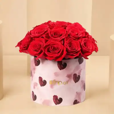 Romantic Red Roses in Heart-Printed Round Box for Valentine's Day - Arrangement