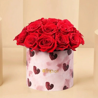 Romantic Red Roses in Heart-Printed Round Box for Valentine's Day - Arrangement