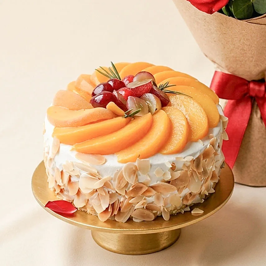 Flowers with Cake Bundle: Fruit Cake & Red Roses