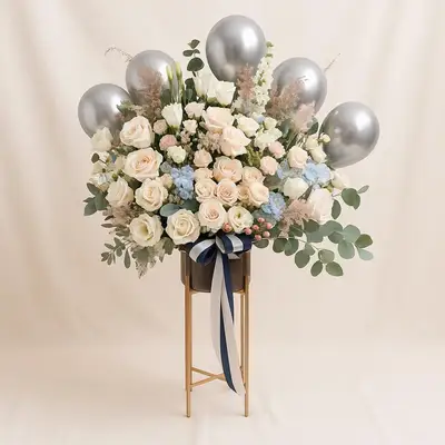 Silver Balloons n Roses Stand