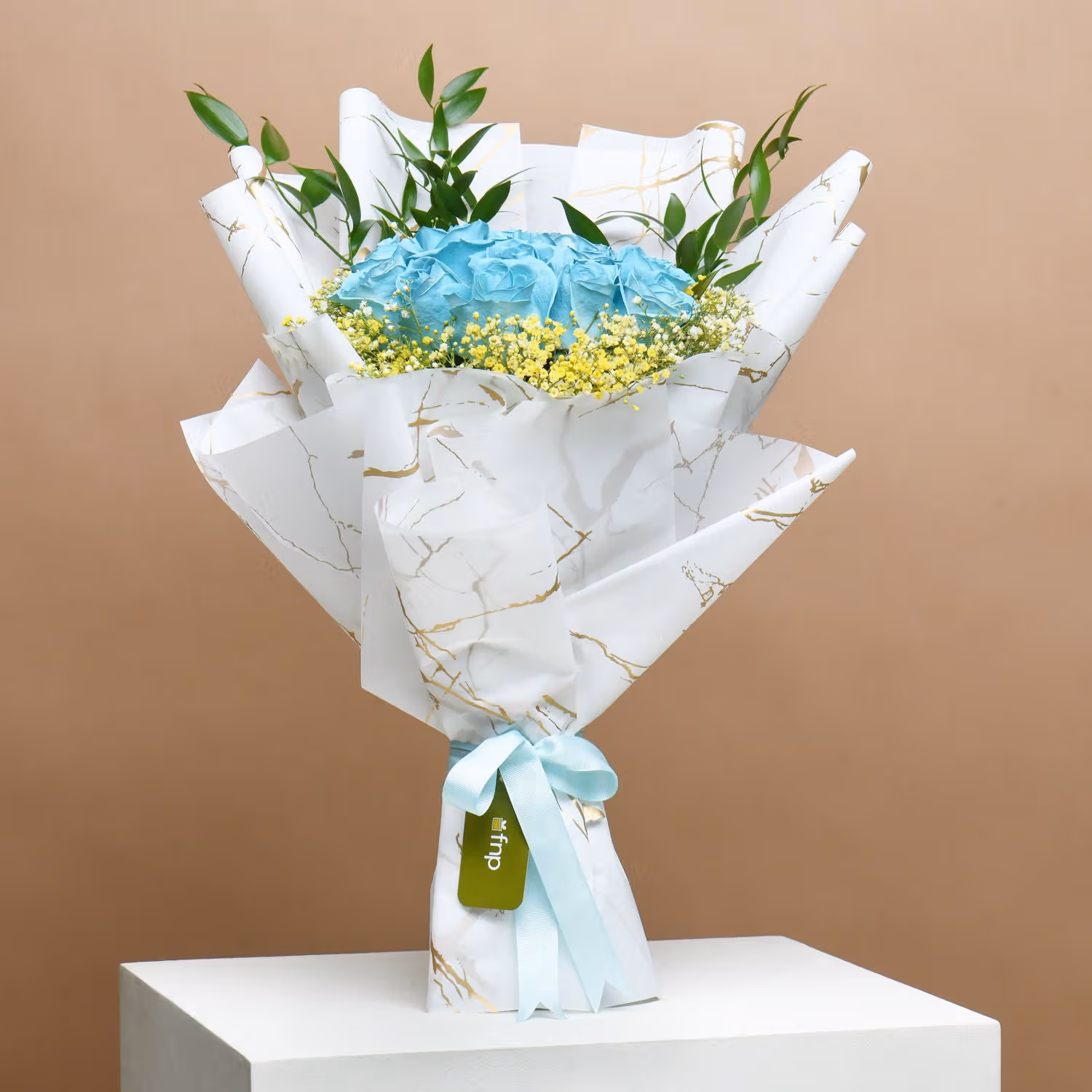 Elegant Blue-Tinted White Roses with Decadent Triple Chocolate Cake Surprise