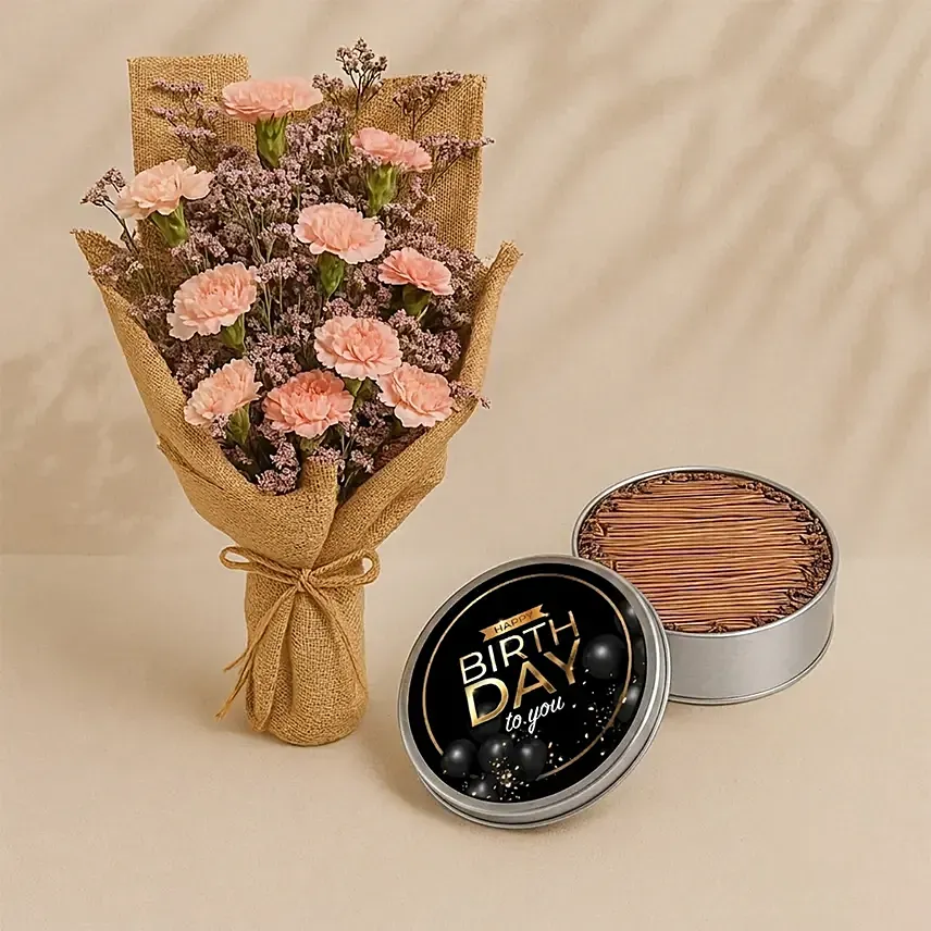 Charming Pink Carnations With Happy Birthday Cake In Tin Box