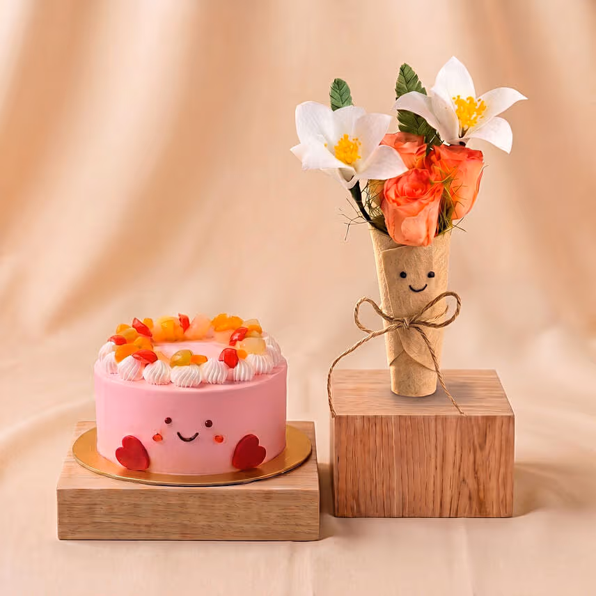 Preserved Flowers Jellycat Bouquet & Mixed Fruit Cake Gift