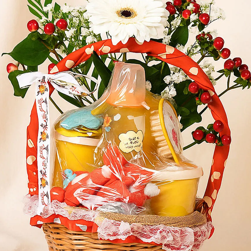 Lucky Baby Feed Essential Yellow Basket with Flowers