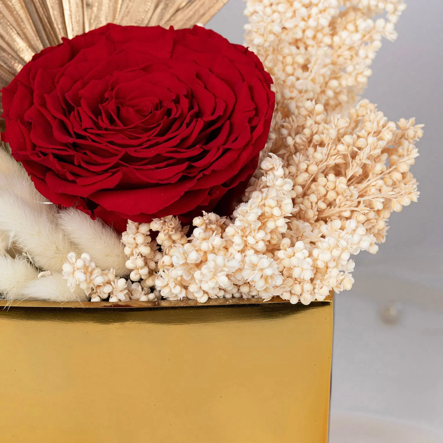 Luxurious Regal Red Forever Rose in Golden Vase