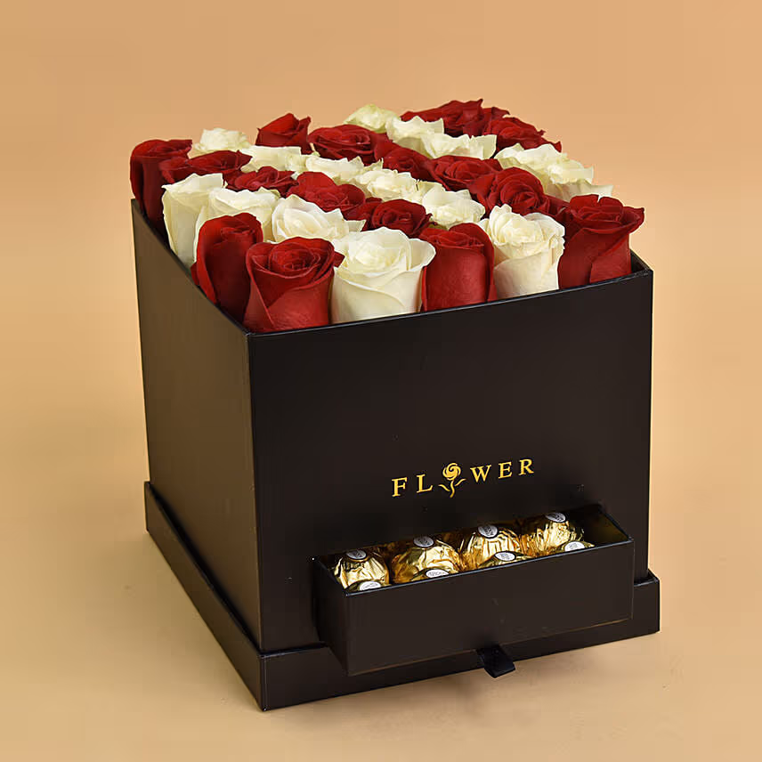 Love Floral Roses with Chocolates For Valentine And Red Velvet Cake