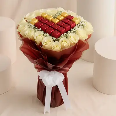 دلال | بوكيه ورد ابيض و شوكولاته