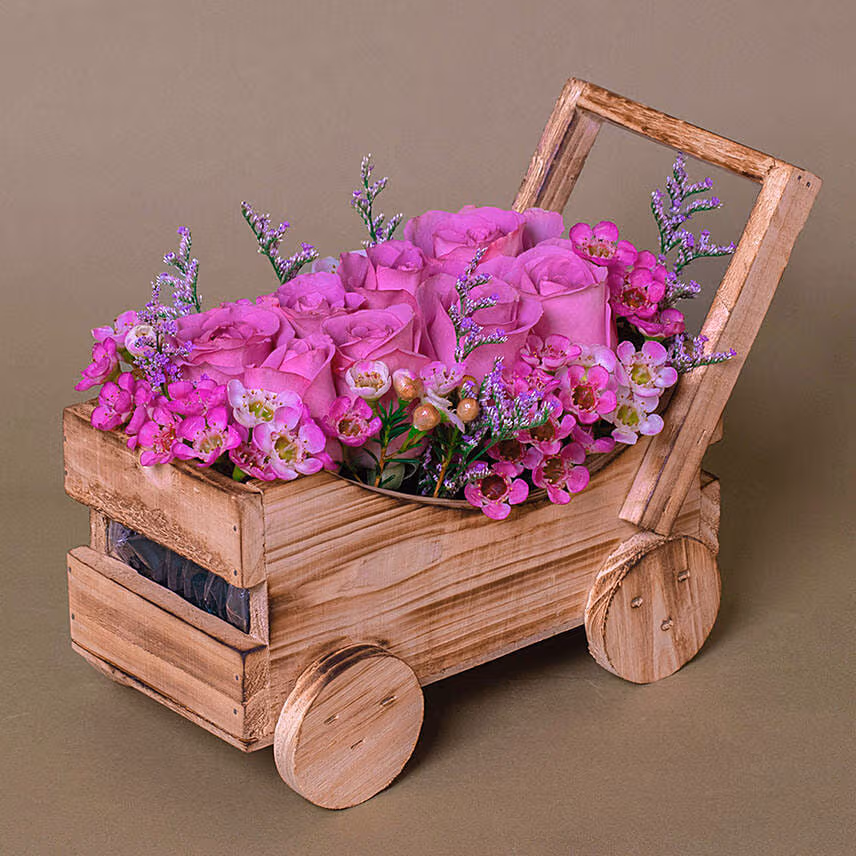 Purple Roses Arrangement In Cart with Greeting Card