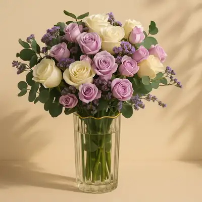 Midnight Petal Dream: Elegant White and Purple Rose Arrangement