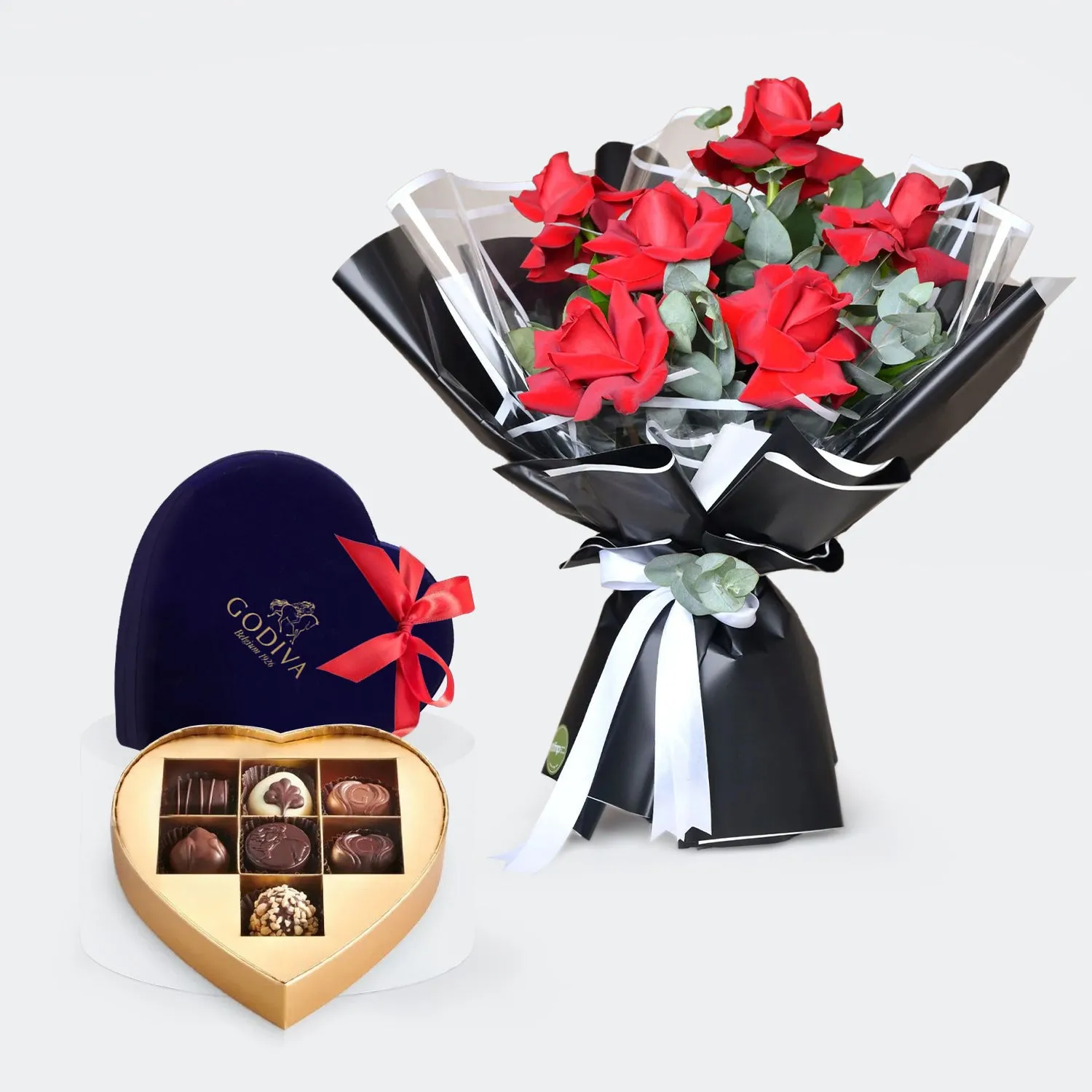 Exquisite Godiva Velvet Heart Gift Box with 7 Chocolates & Elegant Bouquet of 6 Red Roses