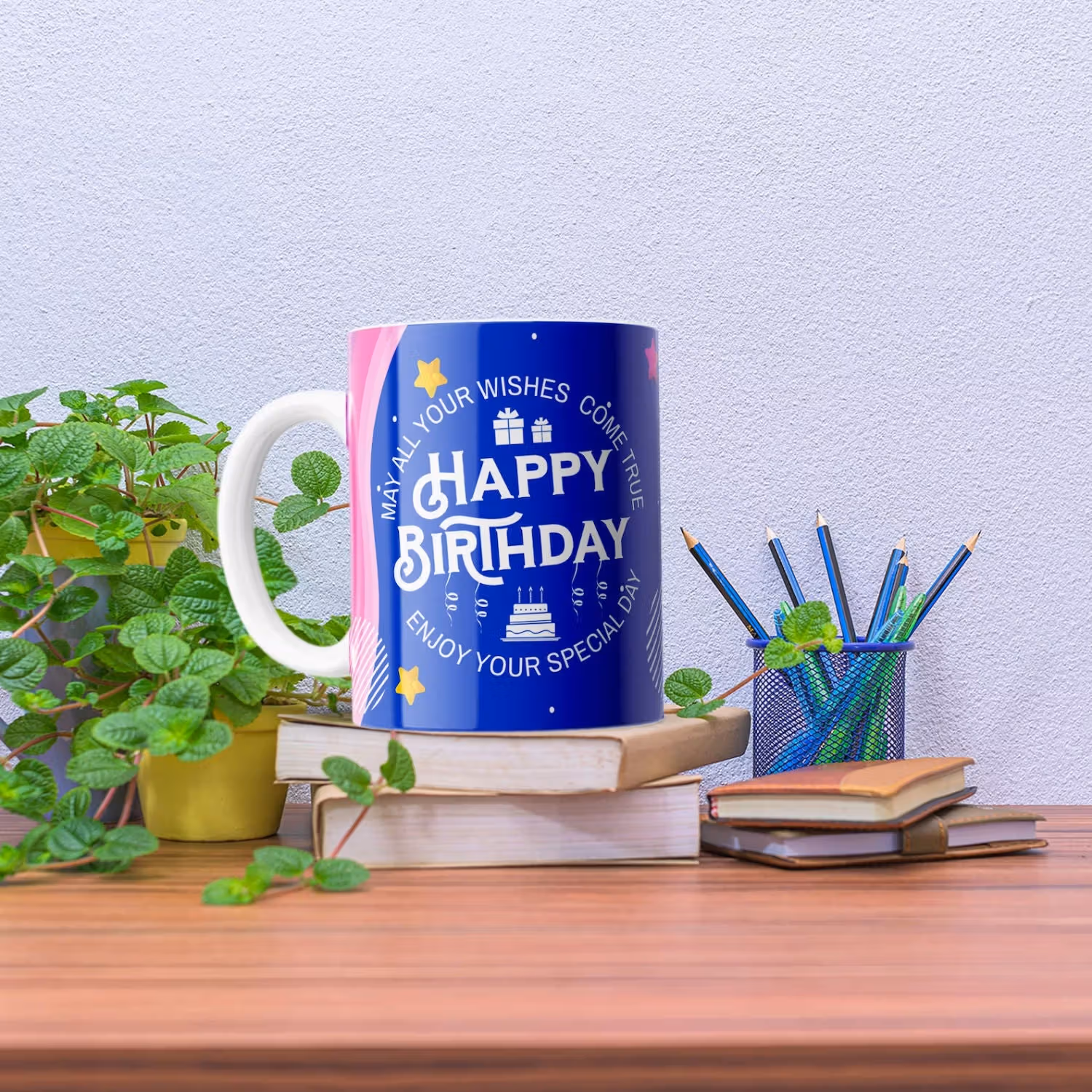 Personalized Deep Blue Birthday Mug with Photo - Ceramic Gift