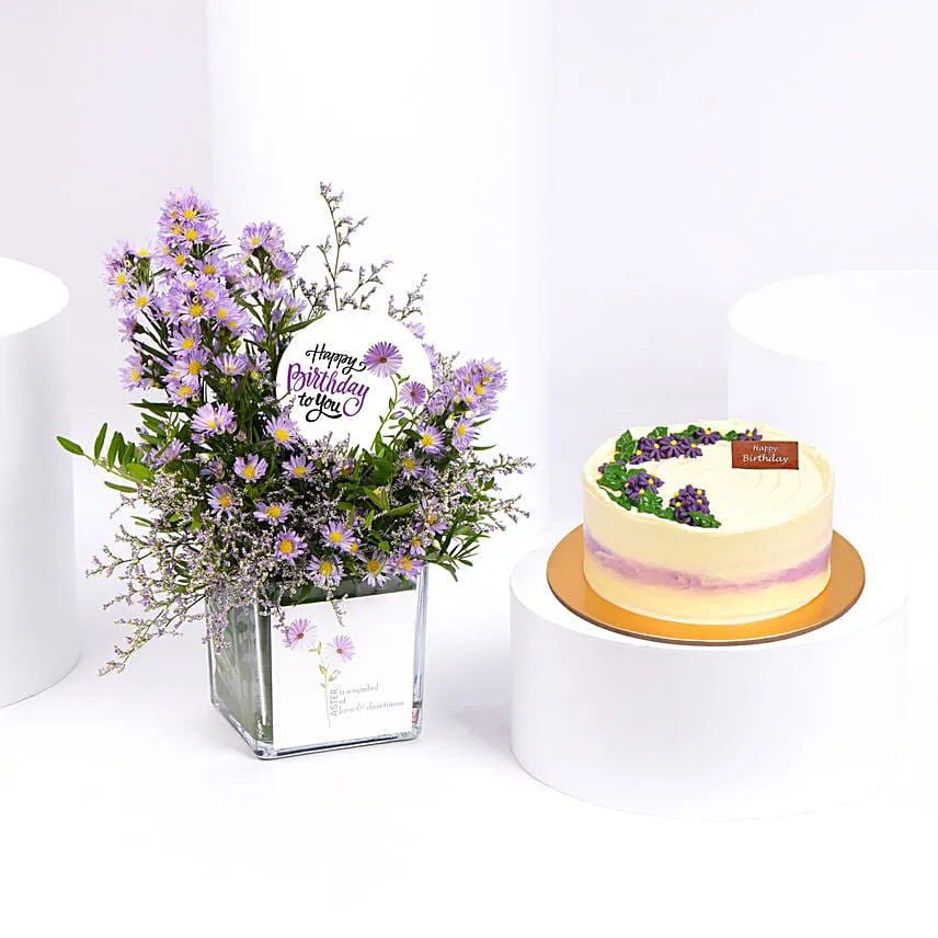 Aster Birthday Flowers Vase with Cake