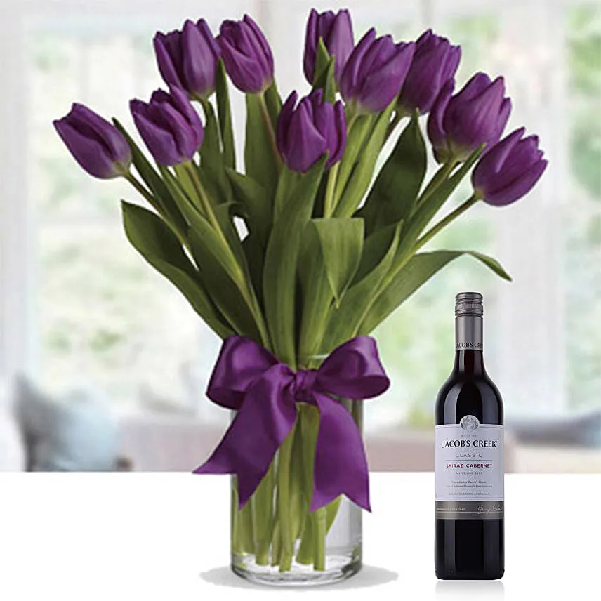 10 Sweet Tulips In Glass Vase With Jacob Creek Wine