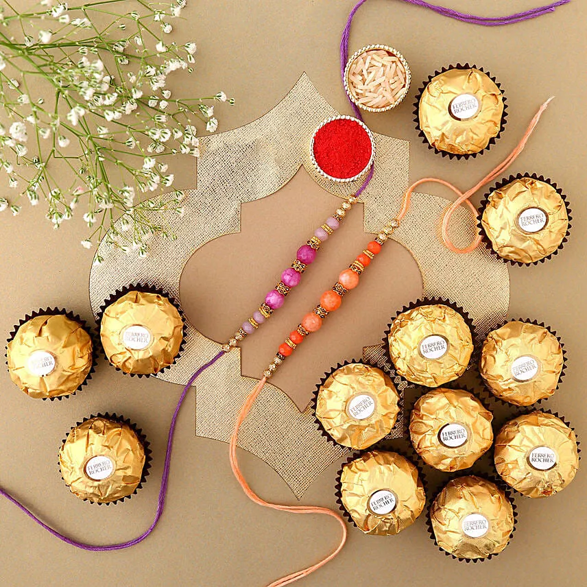 Sneh Peachy Rakhi Set & Ferrero Rocher Box