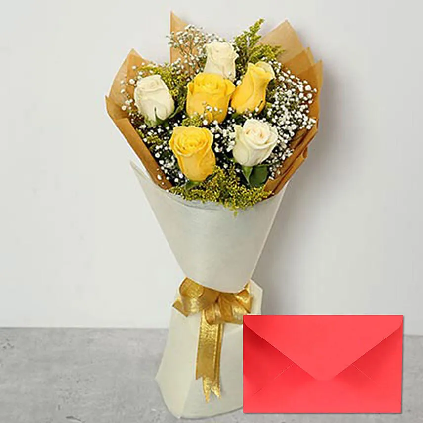 White & Yellow Roses With Greeting Card