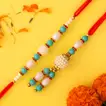 Elegant Blue Pearl Bhaiya Bhabhi Lumba Rakhi Set with 3 Ferrero Rocher Chocolates