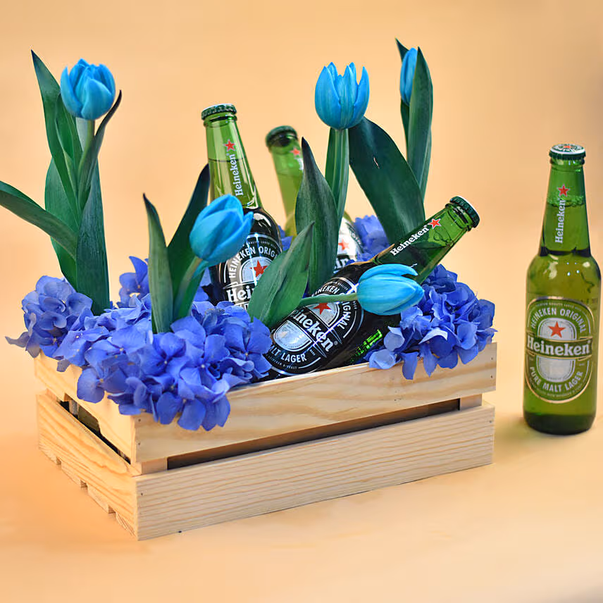 Mixed Flowers & Beer Wooden Crate