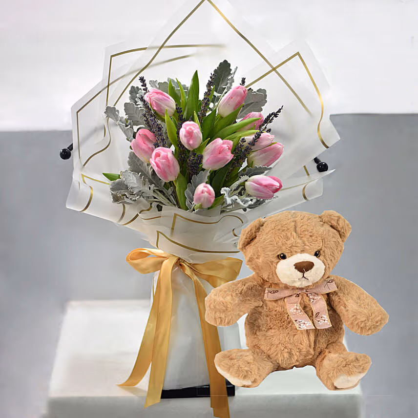 Lovely Pink Tulips Bouquet With Teddy Bear