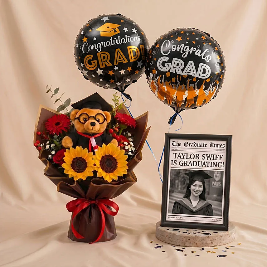 Graduation News Flash Photo Frame and Flowers