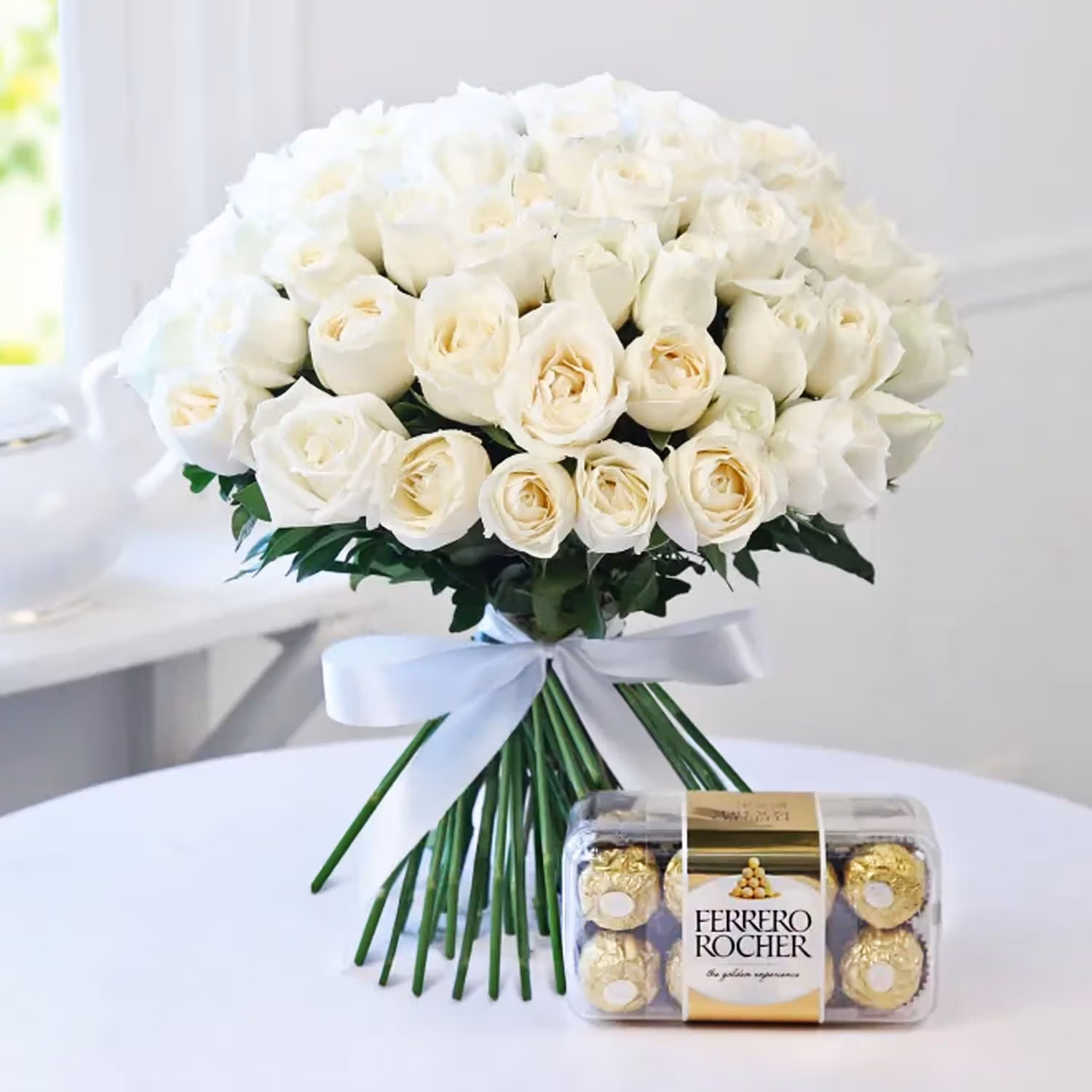 Elegant White Rose Bouquet with Ferrero Rocher Chocolates