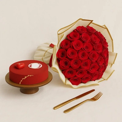 Fifty Roses Flower Bouquet n Love Cake
