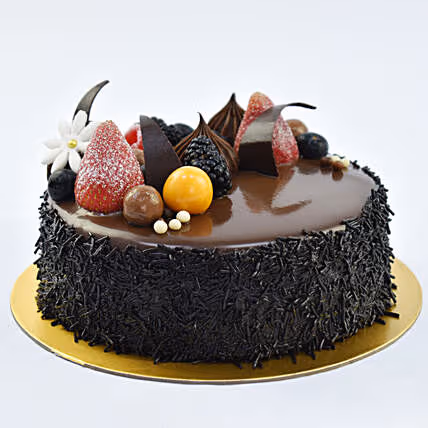 Decadent 1 Kg Fudge Cake with Fresh Berries & Chocolate Decorations