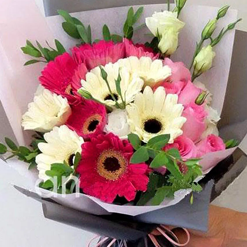 Majestic Mixed Flowers Beautifully Tied Bouquet With Birthday Balloons