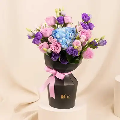Purple Rose with Blue Hydrangea in Elegant Sleeve