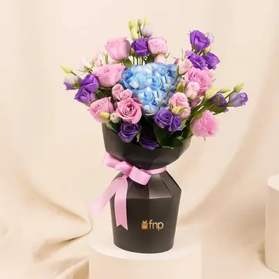 Purple Rose with Blue Hydrangea in Elegant Sleeve