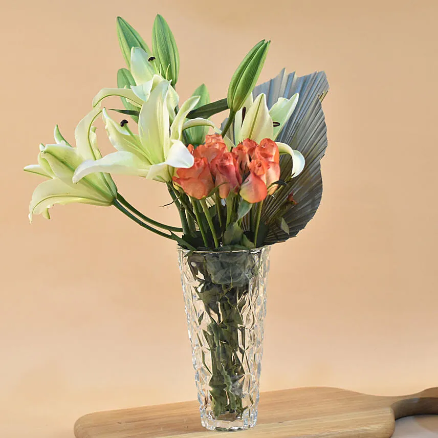 Lilies & Roses Designer Glass Vase