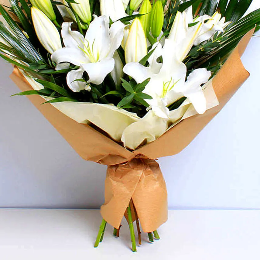 White Beauty Lilies Bouquet With Teddy Bear