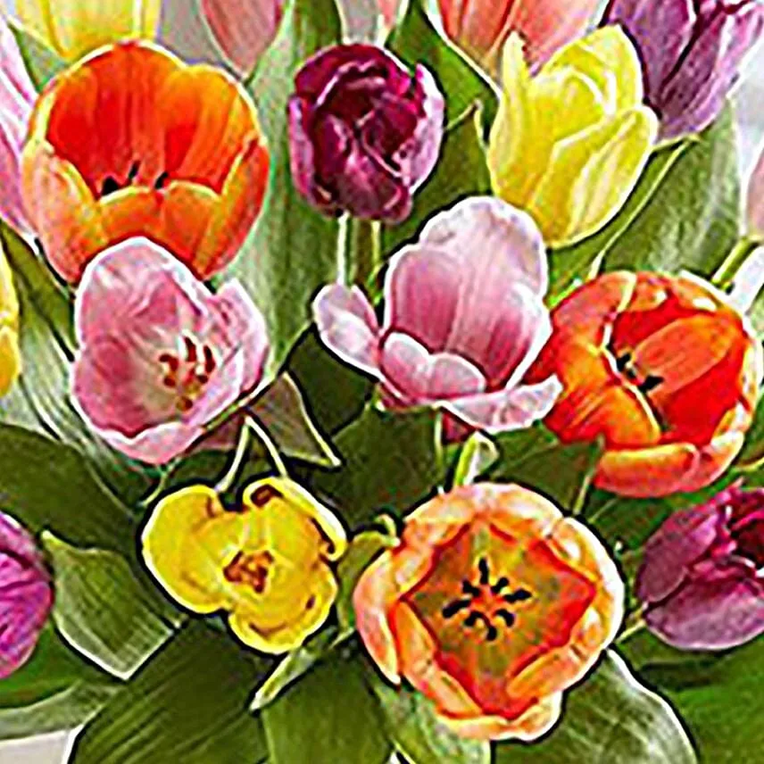 20 Mixed Tulips In Glass Vase With Chocolate Cake