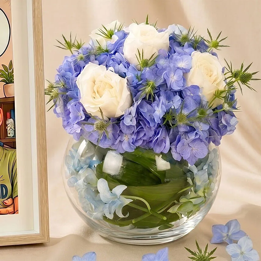 Personalised Father's Day Frame & Blue Hydrangea Glass Bowl Set