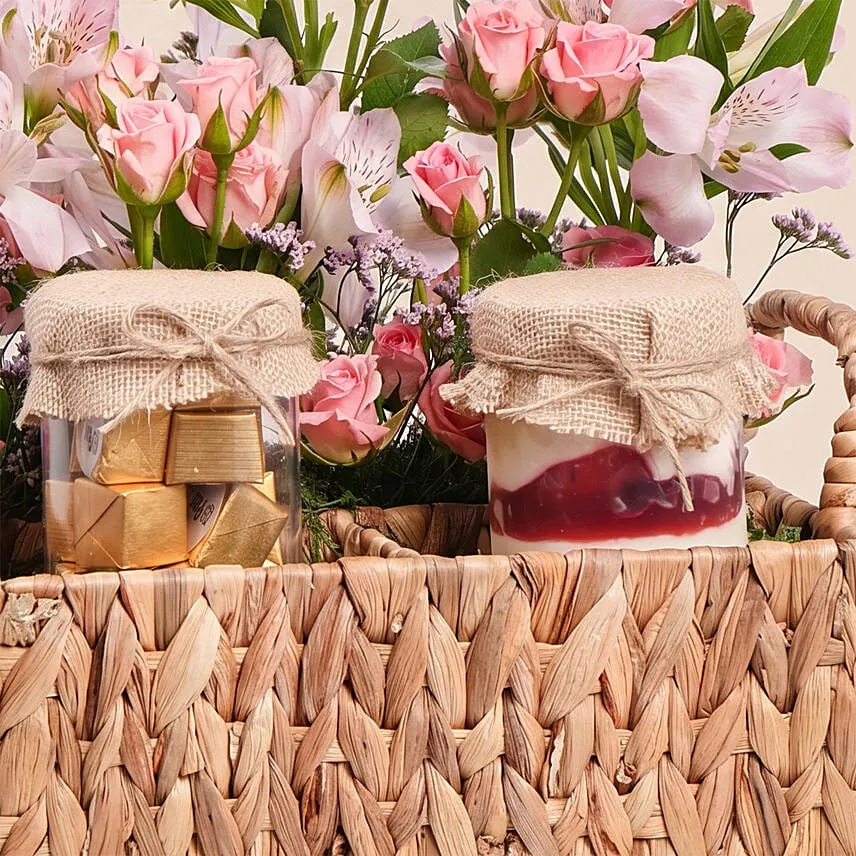 Cake Chocolates And Flowers Basket