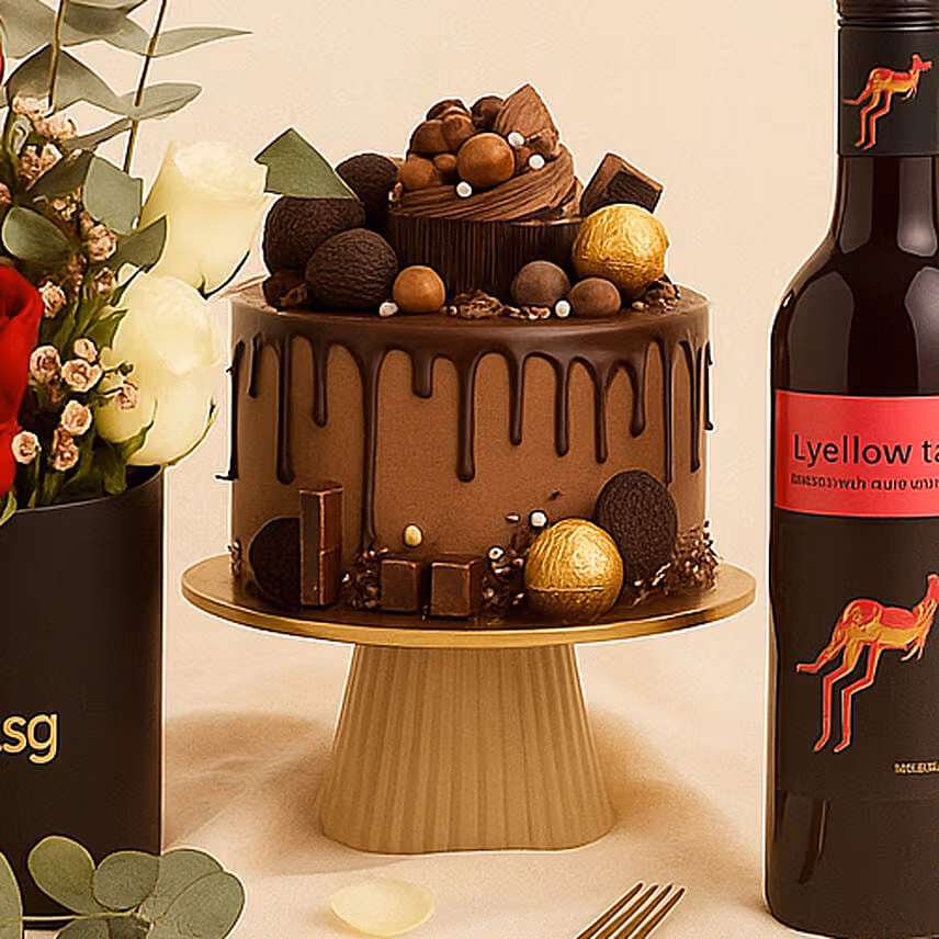 Anniversary Wishes - Flowers Cake & Wine