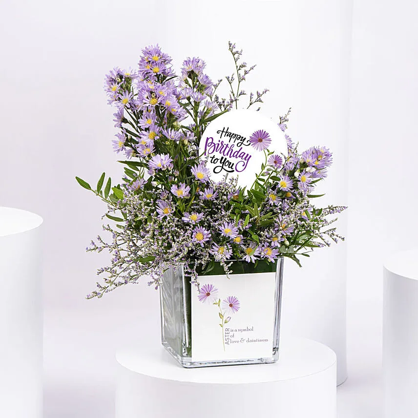 September Birthday Aster Flowers Wishes in Vase
