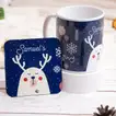 Personalized Blue Reindeer Mug and Coaster Set with Custom Name