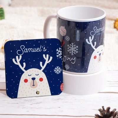 Personalized Blue Reindeer Mug and Coaster Set with Custom Name