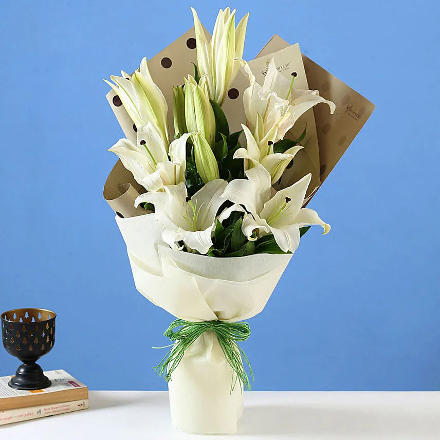 4 White Oriental Lilies Bouquet with Birthday Balloon