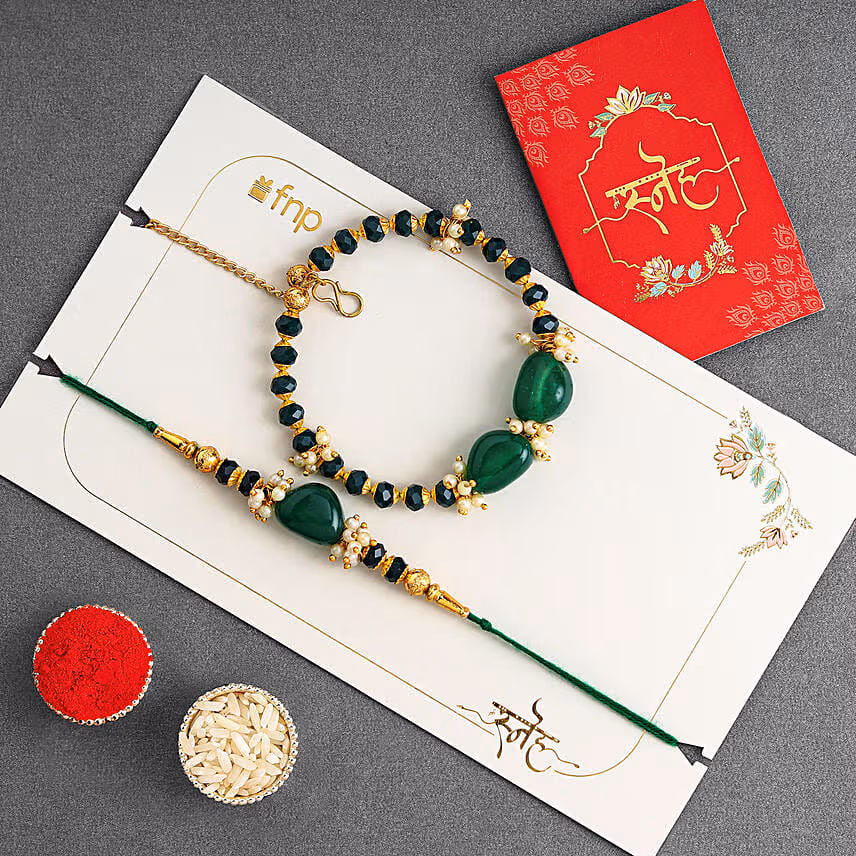 Enchanted Stone Work Lumba Pearl Rakhi Set