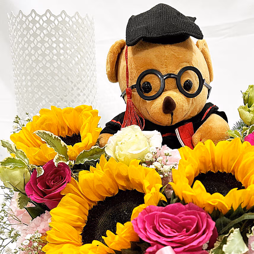 Graduation Flowers & Teddy Basket Arrangement