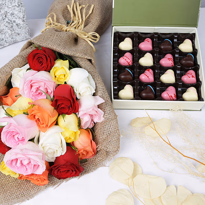 Chocolate Hearts Box with Roses Bouquet